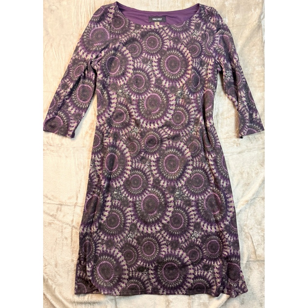 90s Nine‎ West Purple Medallion Metallic Shimmer 3/4 Sleeve Sheath Dress Boho